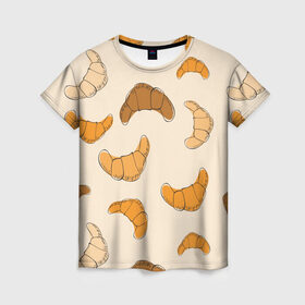 Женская футболка 3D с принтом Круассаны - Вкусный узор в Белгороде, 100% полиэфир ( синтетическое хлопкоподобное полотно) | прямой крой, круглый вырез горловины, длина до линии бедер | еда | завтрак | круассан | оранжевый | паттерн | рогалики | сладости | узор | фастфуд