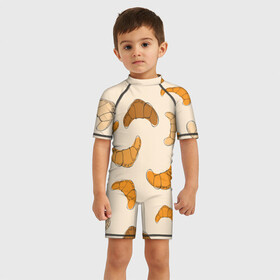 Детский купальный костюм 3D с принтом Круассаны - Вкусный узор в Белгороде, Полиэстер 85%, Спандекс 15% | застежка на молнии на спине | Тематика изображения на принте: еда | завтрак | круассан | оранжевый | паттерн | рогалики | сладости | узор | фастфуд