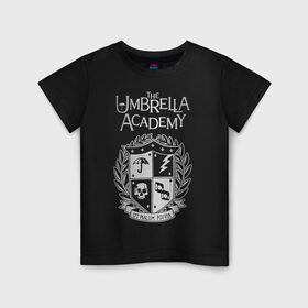 Детская футболка хлопок с принтом Академия Амбрелла в Белгороде, 100% хлопок | круглый вырез горловины, полуприлегающий силуэт, длина до линии бедер | the umbrella academy | umbrella | академия амбрелла | амбрелла | герб | зонтик | комиксы