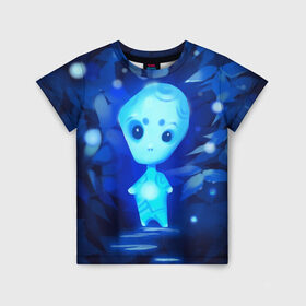 Детская футболка 3D с принтом Лесной дух в Белгороде, 100% гипоаллергенный полиэфир | прямой крой, круглый вырез горловины, длина до линии бедер, чуть спущенное плечо, ткань немного тянется | дух | лес | листва | светлячки | синий | тропинка