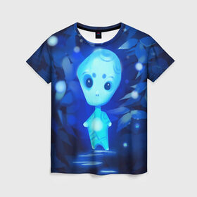 Женская футболка 3D с принтом Лесной дух в Белгороде, 100% полиэфир ( синтетическое хлопкоподобное полотно) | прямой крой, круглый вырез горловины, длина до линии бедер | дух | лес | листва | светлячки | синий | тропинка