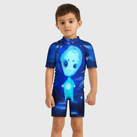 Детский купальный костюм 3D с принтом Лесной дух в Белгороде, Полиэстер 85%, Спандекс 15% | застежка на молнии на спине | дух | лес | листва | светлячки | синий | тропинка