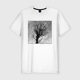 Мужская футболка хлопок Slim с принтом Дом на дереве в Белгороде, 92% хлопок, 8% лайкра | приталенный силуэт, круглый вырез ворота, длина до линии бедра, короткий рукав | ветки | графика | дерево | дом | жуткий | мрачный | небо | одиночество | пасмурно | пустота