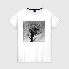 Женская футболка хлопок с принтом Дом на дереве в Белгороде, 100% хлопок | прямой крой, круглый вырез горловины, длина до линии бедер, слегка спущенное плечо | ветки | графика | дерево | дом | жуткий | мрачный | небо | одиночество | пасмурно | пустота