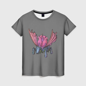 Женская футболка 3D с принтом Цветочный жук в Белгороде, 100% полиэфир ( синтетическое хлопкоподобное полотно) | прямой крой, круглый вырез горловины, длина до линии бедер | bug | flower | pink | wings | жук | лоза | насекомое | розовый | цветы
