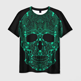 Мужская футболка 3D с принтом Неоновый Череп в Белгороде, 100% полиэфир | прямой крой, круглый вырез горловины, длина до линии бедер | skulls | градиент | кибер | мозги | неоновый | робот | скелет | цифровой | черепа | черный