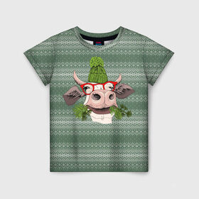 Детская футболка 3D с принтом Довольная корова в Белгороде, 100% гипоаллергенный полиэфир | прямой крой, круглый вырез горловины, длина до линии бедер, чуть спущенное плечо, ткань немного тянется | Тематика изображения на принте: 2021 | 7 января | bull | newyear | santa | бык | быки | бычок | год быка | дед мороз | корова | новогодние каникулы | новогодние праздники | новый 2021 | новый год | новый год 2021 | рождество | сани | санта | санта клаус