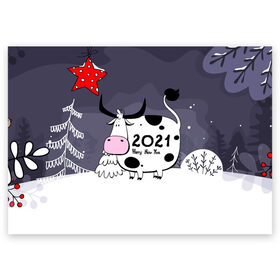 Поздравительная открытка с принтом Корова 2021 в Белгороде, 100% бумага | плотность бумаги 280 г/м2, матовая, на обратной стороне линовка и место для марки
 | 2021 | 7 января | bull | newyear | santa | бык | быки | бычок | год быка | дед мороз | корова | новогодние каникулы | новогодние праздники | новый 2021 | новый год | новый год 2021 | рождество | сани | санта | санта клаус