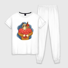 Женская пижама хлопок с принтом Бык с сердцем в Белгороде, 100% хлопок | брюки и футболка прямого кроя, без карманов, на брюках мягкая резинка на поясе и по низу штанин | 