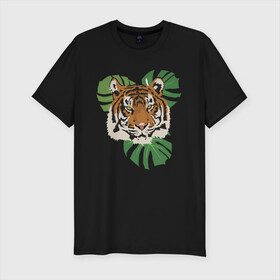 Мужская футболка хлопок Slim с принтом Тигр в джунглях в Белгороде, 92% хлопок, 8% лайкра | приталенный силуэт, круглый вырез ворота, длина до линии бедра, короткий рукав | nature | tiger | wild | wild animals | джунгли | дикие животные | дикий | животные | кошачьи | крупные кошки | полосатый | природа | тигр | тигр в джунглях | тигренок | тропики | хищник | хищные животные