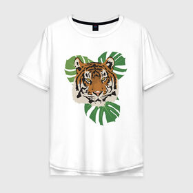 Мужская футболка хлопок Oversize с принтом Тигр в джунглях в Белгороде, 100% хлопок | свободный крой, круглый ворот, “спинка” длиннее передней части | nature | tiger | wild | wild animals | джунгли | дикие животные | дикий | животные | кошачьи | крупные кошки | полосатый | природа | тигр | тигр в джунглях | тигренок | тропики | хищник | хищные животные