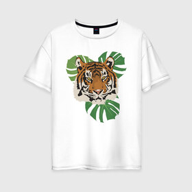 Женская футболка хлопок Oversize с принтом Тигр в джунглях в Белгороде, 100% хлопок | свободный крой, круглый ворот, спущенный рукав, длина до линии бедер
 | nature | tiger | wild | wild animals | джунгли | дикие животные | дикий | животные | кошачьи | крупные кошки | полосатый | природа | тигр | тигр в джунглях | тигренок | тропики | хищник | хищные животные