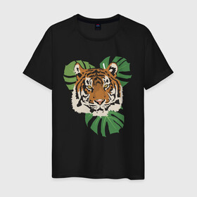 Мужская футболка хлопок с принтом Тигр в джунглях в Белгороде, 100% хлопок | прямой крой, круглый вырез горловины, длина до линии бедер, слегка спущенное плечо. | nature | tiger | wild | wild animals | джунгли | дикие животные | дикий | животные | кошачьи | крупные кошки | полосатый | природа | тигр | тигр в джунглях | тигренок | тропики | хищник | хищные животные