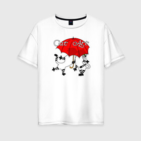 Женская футболка хлопок Oversize с принтом Поцелуй - Красный зонтик в Белгороде, 100% хлопок | свободный крой, круглый ворот, спущенный рукав, длина до линии бедер
 | art | cat | арт | звери. животные | картинка | кот | котик. котенок. зонтик | коты | кошка | любовь. поцелуй | рисунок
