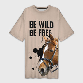 Платье-футболка 3D с принтом Be wild be free в Белгороде,  |  | horse | horseshoe | акварель | головалошади | грива | жеребец | животные | конь | лошадь | лошадьскрыльями | подкова | природа | рисуноккрасками