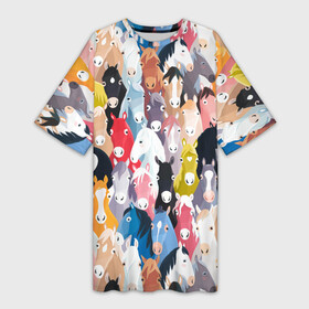 Платье-футболка 3D с принтом цветные лошади в Белгороде,  |  | horse | horseshoe | акварель | головалошади | грива | жеребец | животные | конь | лошадь | лошадьскрыльями | подкова | природа | рисуноккрасками