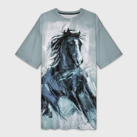 Платье-футболка 3D с принтом нарисованный конь в Белгороде,  |  | horse | horseshoe | акварель | головалошади | грива | жеребец | животные | конь | лошадь | лошадьскрыльями | подкова | природа | рисуноккрасками