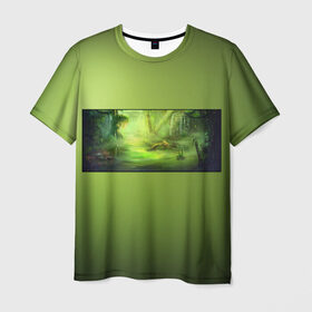 Мужская футболка 3D с принтом Solar swamp Солнечное Болото в Белгороде, 100% полиэфир | прямой крой, круглый вырез горловины, длина до линии бедер | болотный | зеленый | зеленый фон | солнечный
