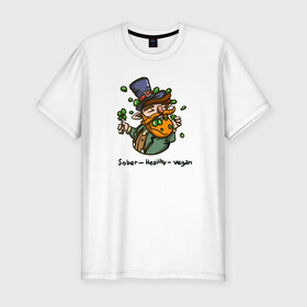 Мужская футболка хлопок Slim с принтом Go vegan в Белгороде, 92% хлопок, 8% лайкра | приталенный силуэт, круглый вырез ворота, длина до линии бедра, короткий рукав | веган | вегетарианство | ирландия | клевер | лепрекон