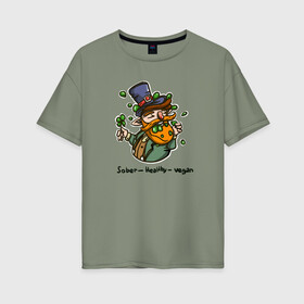 Женская футболка хлопок Oversize с принтом Go vegan в Белгороде, 100% хлопок | свободный крой, круглый ворот, спущенный рукав, длина до линии бедер
 | веган | вегетарианство | ирландия | клевер | лепрекон