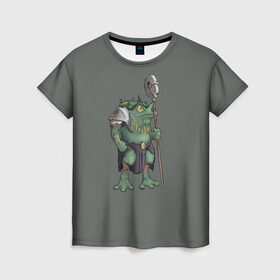Женская футболка 3D с принтом Жабалюд войн в Белгороде, 100% полиэфир ( синтетическое хлопкоподобное полотно) | прямой крой, круглый вырез горловины, длина до линии бедер | frog | green | staff | warrior | воин | жаба | зеленый | ил | посох