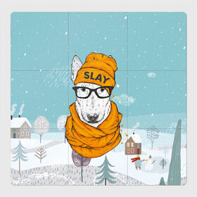 Магнитный плакат 3Х3 с принтом Бультерьер в Белгороде, Полимерный материал с магнитным слоем | 9 деталей размером 9*9 см | Тематика изображения на принте: slay | белая собака | бультерьер | пес | псина | собака | собака в шапке | собачка