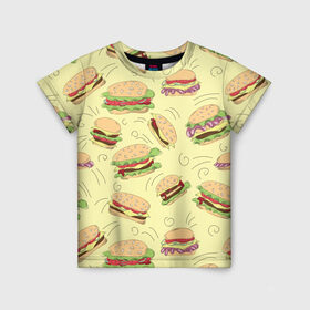 Детская футболка 3D с принтом Узор с бургерами в Белгороде, 100% гипоаллергенный полиэфир | прямой крой, круглый вырез горловины, длина до линии бедер, чуть спущенное плечо, ткань немного тянется | бургер | гамбургер | еда | желтый | паттерн | узор | фастфуд