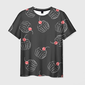 Мужская футболка 3D с принтом Капкейки с вишенкой в Белгороде, 100% полиэфир | прямой крой, круглый вырез горловины, длина до линии бедер | Тематика изображения на принте: белый | вишенка | вкусняшка | еда | капкейк | мел | паттерн | пирожок | сладости | узор | черный