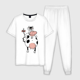 Мужская пижама хлопок с принтом Смешная корова в Белгороде, 100% хлопок | брюки и футболка прямого кроя, без карманов, на брюках мягкая резинка на поясе и по низу штанин
 | 2021 | 7 января | bull | newyear | santa | бык | быки | бычок | год быка | дед мороз | корова | новогодние каникулы | новогодние праздники | новый 2021 | новый год | новый год 2021 | рождество | сани | санта | санта клаус