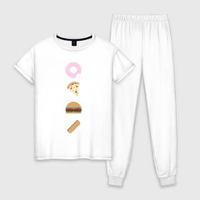 Женская пижама хлопок с принтом Fast Food в Белгороде, 100% хлопок | брюки и футболка прямого кроя, без карманов, на брюках мягкая резинка на поясе и по низу штанин | doodle | бургер | вкусно | донат | еда | мило | нямка | пицца | сосиска | фастфуд | хотдог