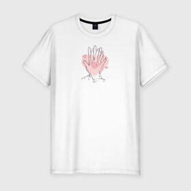 Мужская футболка хлопок Slim с принтом руки влюбленных в Белгороде, 92% хлопок, 8% лайкра | приталенный силуэт, круглый вырез ворота, длина до линии бедра, короткий рукав | влюбленных | день святого валентина | для двоих | для пар | милый | парные | подарок | руки | сердце