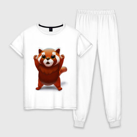 Женская пижама хлопок с принтом Красная панда в Белгороде, 100% хлопок | брюки и футболка прямого кроя, без карманов, на брюках мягкая резинка на поясе и по низу штанин | big eyes | cute | red panda | большие глаза | красная панда | милаха
