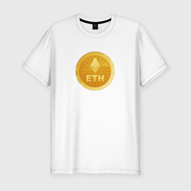 Мужская футболка хлопок Slim с принтом ЭФИРИУМ ETH в Белгороде, 92% хлопок, 8% лайкра | приталенный силуэт, круглый вырез ворота, длина до линии бедра, короткий рукав | bitcoin | btc | биткоин | валюта | деньги | криптовалюта