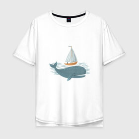 Мужская футболка хлопок Oversize с принтом Кит в Белгороде, 100% хлопок | свободный крой, круглый ворот, “спинка” длиннее передней части | кит | лодка | море | морские жители | океан | яхта