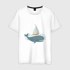 Мужская футболка хлопок с принтом Кит в Белгороде, 100% хлопок | прямой крой, круглый вырез горловины, длина до линии бедер, слегка спущенное плечо. | кит | лодка | море | морские жители | океан | яхта