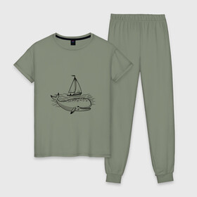 Женская пижама хлопок с принтом Кит в Белгороде, 100% хлопок | брюки и футболка прямого кроя, без карманов, на брюках мягкая резинка на поясе и по низу штанин | кит | лодка | море | морские жители | океан | яхта
