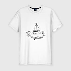 Мужская футболка хлопок Slim с принтом Кит в Белгороде, 92% хлопок, 8% лайкра | приталенный силуэт, круглый вырез ворота, длина до линии бедра, короткий рукав | кит | лодка | море | морские жители | океан | яхта
