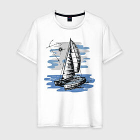Мужская футболка хлопок с принтом Яхта в Белгороде, 100% хлопок | прямой крой, круглый вырез горловины, длина до линии бедер, слегка спущенное плечо. | лодка | море | океан | путешествия | яхта