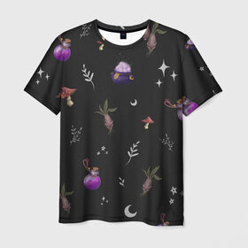 Мужская футболка 3D с принтом Magic pattern в Белгороде, 100% полиэфир | прямой крой, круглый вырез горловины, длина до линии бедер | bottle | mandrake | mushroom | pot | волшебство | зелье | паттерн