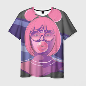 Мужская футболка 3D с принтом Bubble Gum в Белгороде, 100% полиэфир | прямой крой, круглый вырез горловины, длина до линии бедер | bubble gum | pop art | popart | девушка | девушка в очках | жевательная резинка | очки | поп арт | пузырь | ретро | розовые волосы | розовый принт | ушки