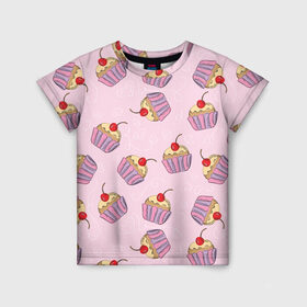 Детская футболка 3D с принтом Капкейки на розовом в Белгороде, 100% гипоаллергенный полиэфир | прямой крой, круглый вырез горловины, длина до линии бедер, чуть спущенное плечо, ткань немного тянется | вишенка | еда | капкейки | пирожное | розовый | сладкое | сладости