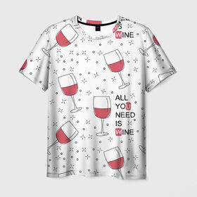 Мужская футболка 3D с принтом Узор Винишко в Белгороде, 100% полиэфир | прямой крой, круглый вырез горловины, длина до линии бедер | Тематика изображения на принте: all you need is wine | wine | винишко | вино | красное | надписи | узор