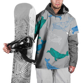Накидка на куртку 3D с принтом Узор с китами на сером в Белгороде, 100% полиэстер |  | Тематика изображения на принте: графика | кит | морской | рыба | серый | синий | узор