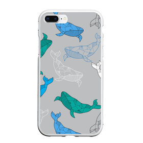 Чехол для iPhone 7Plus/8 Plus матовый с принтом Узор с китами на сером в Белгороде, Силикон | Область печати: задняя сторона чехла, без боковых панелей | графика | кит | морской | рыба | серый | синий | узор