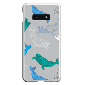 Чехол для Samsung S10E с принтом Узор с китами на сером в Белгороде, Силикон | Область печати: задняя сторона чехла, без боковых панелей | Тематика изображения на принте: графика | кит | морской | рыба | серый | синий | узор