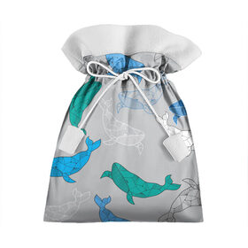 Подарочный 3D мешок с принтом Узор с китами на сером в Белгороде, 100% полиэстер | Размер: 29*39 см | Тематика изображения на принте: графика | кит | морской | рыба | серый | синий | узор