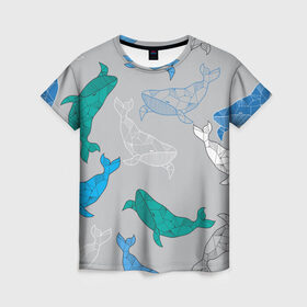 Женская футболка 3D с принтом Узор с китами на сером в Белгороде, 100% полиэфир ( синтетическое хлопкоподобное полотно) | прямой крой, круглый вырез горловины, длина до линии бедер | графика | кит | морской | рыба | серый | синий | узор
