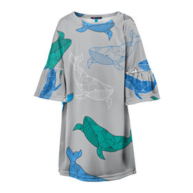 Детское платье 3D с принтом Узор с китами на сером в Белгороде, 100% полиэстер | прямой силуэт, чуть расширенный к низу. Круглая горловина, на рукавах — воланы | графика | кит | морской | рыба | серый | синий | узор