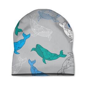 Шапка 3D с принтом Узор с китами на сером в Белгороде, 100% полиэстер | универсальный размер, печать по всей поверхности изделия | графика | кит | морской | рыба | серый | синий | узор