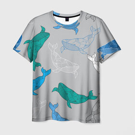 Мужская футболка 3D с принтом Узор с китами на сером в Белгороде, 100% полиэфир | прямой крой, круглый вырез горловины, длина до линии бедер | графика | кит | морской | рыба | серый | синий | узор